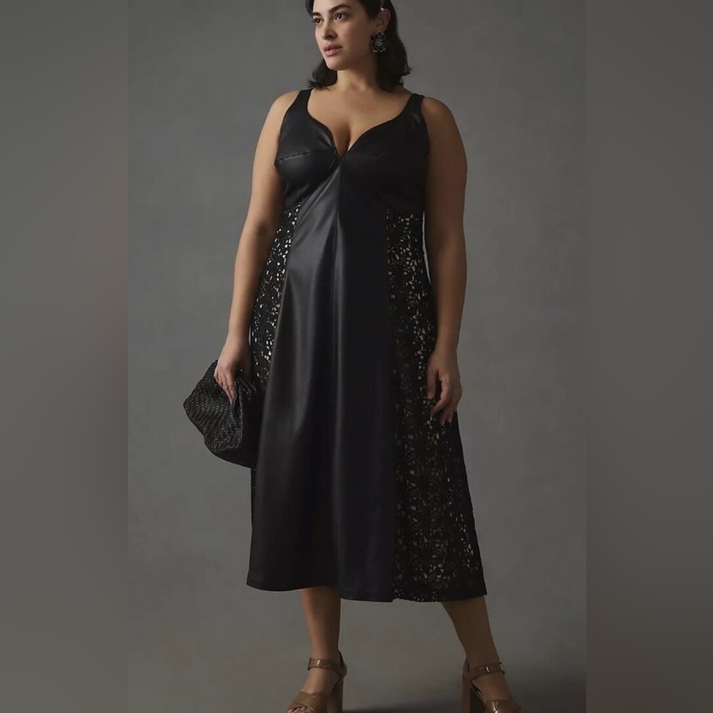 Plus Size Black Midi Dress with Lace Side Panels